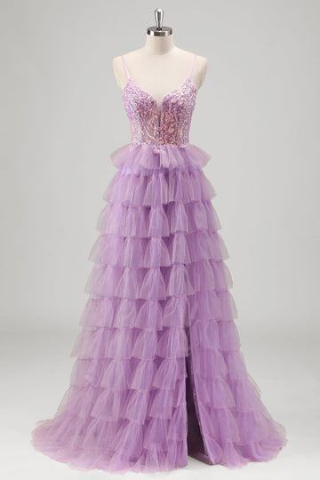 Sparkly A Line Tiered Lilac Paillettes Abito da Cerimonia con fessura